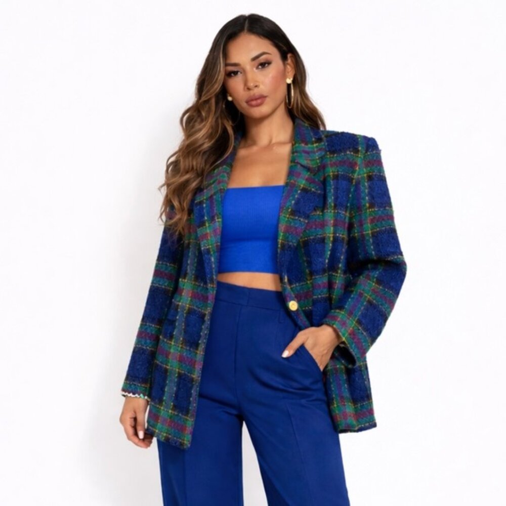 Bleyle Vintage Oversized Plaid Tweed Preppy Single-Breasted Blazer